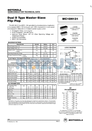 MC10H131ML1 datasheet - Dual D Type Master-Slave Flip-Flop