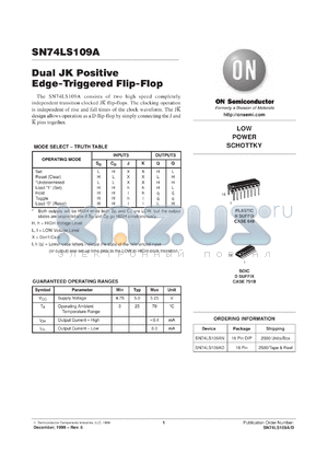 SN74LS109AMEL datasheet - Dual JK Positive Edge-Triggered Flip-Flop