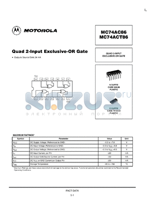 MC74AC86MR1 datasheet - Quad 2 Input Exclusive OR Gate