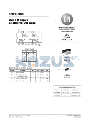 SN74LS86MR datasheet - Quad 2-Input Exclusive OR Gate