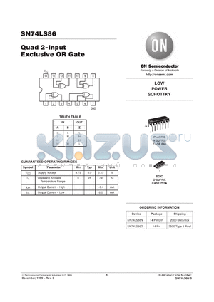 SN74LS86MR1 datasheet - Quad 2-Input Exclusive OR Gate