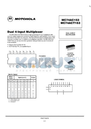 MC74ACT153DTR2 datasheet - Dual 4 Input Multiplexer
