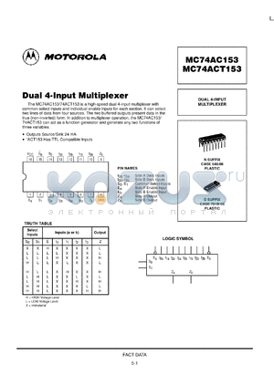 MC74ACT153MR1 datasheet - Dual 4 Input Multiplexer