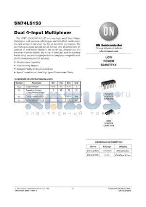 SN74LS153MR1 datasheet - Dual 4-Input Multiplexer