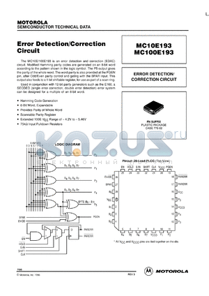 MC100E193FN datasheet - 8-Bit EDAC/Parity