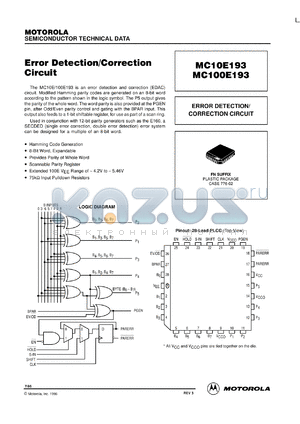 MC100E193FNR2 datasheet - 8-Bit EDAC/Parity
