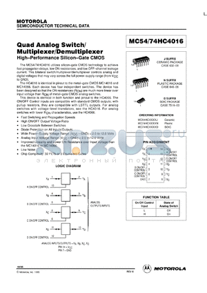 MC74HC4016DR2 datasheet - Quad Analog Switch/Multiplexer/Demultiplexer