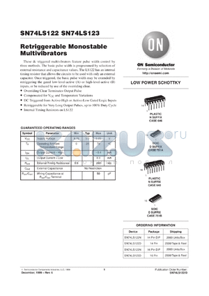 SN74LS123MR1 datasheet - Retriggerable Monostable Multivibrators