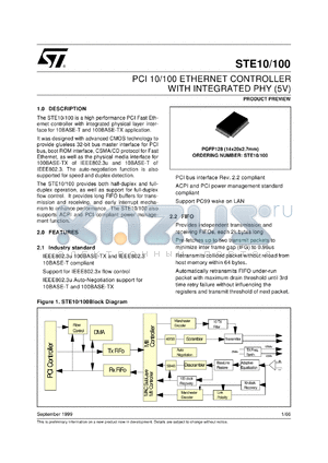 STE10/100 datasheet - PCI 10/100 ETHERNET CONTROLLER WITH INTEGRATED PHY (5V)