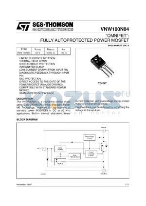 VNW100N04 datasheet - OMNIFET FULLY AUTOPROTECTED POWER MOSFET