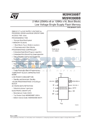 M29W200BB datasheet - 2 MBIT (256KB X8 OR 128KB X16, BOOT BLOCK) LOW VOLTAGE SINGLE SUPPLY FLASH MEMORY