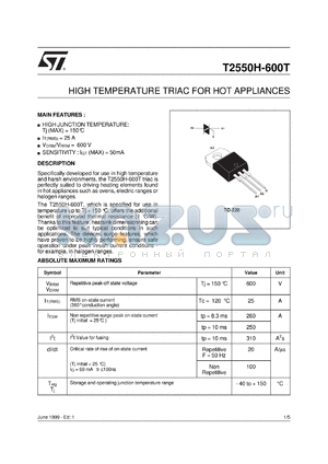 T2550H-600T datasheet - HIGH TEMPERATURE TRIAC FOR HOT APPLIANCES