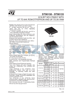 ST90158M9 datasheet - 8/16-BIT MICROCONTROLLER (MCU) WITH 16 TO 64K ROM, OTP OR EPROM, 512 TO 2K RAM - ST9 + FAMILY