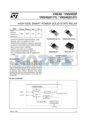 VN540-012Y datasheet - HIGH SIDE SMART POWER SOLID STATE RELAY