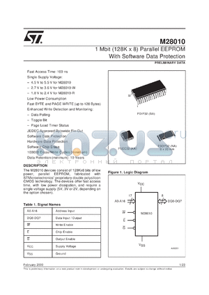 M28010-W datasheet - 1 MBIT (128K X 8) PARALLEL EEPROM WITH SOFTWARE DATA PROTECTION