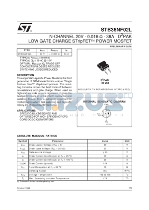 STB36NF02L datasheet - N-CHANNEL 20V - 0.016 OHM - 36A - D2PAK LOW GATE CHARGE STRIPFET POWER MOSFET