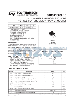 STB60NE03L-10 datasheet - N-CHANNEL ENHANCEMENT MODE SINGLE FEATURE SIZE POWER MOSFET