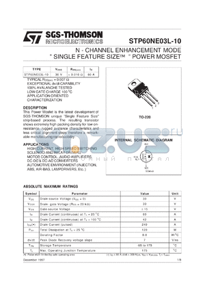 STP60NE03L-10 datasheet - N-CHANNEL ENHANCEMENT MODE SINGLE FEATURE SIZE POWER MOSFET