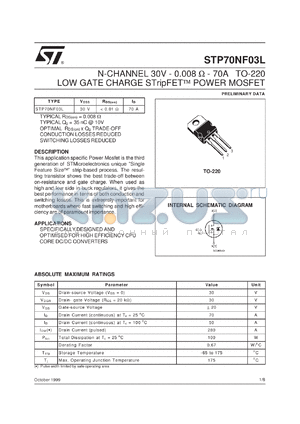 STP80NF03L datasheet - N-CHANNEL 30V - 0.008 OHM - 70A TO-220 LOW GATE CHARGE STRIPFET POWER MOSFET