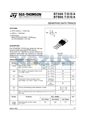 BTA06-T datasheet - SENSITIVE GATE TRIACS