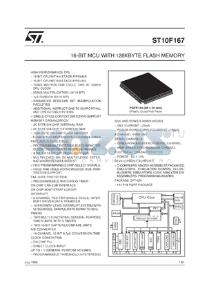 ST10F167_DS datasheet - 16-BIT MCU - 4KB RAM - 128KB FLASH MEMORY - 111 I/O - 1 CAN 2.0B INTERFACE