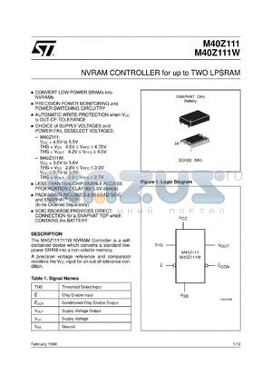 M40Z111VMH1 datasheet - NVRAM CONTROLLER FOR UP TO TWO LPSRAM