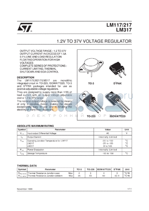 LM217D2T datasheet - 1.2V TO 37V ADJUSTABLE VOLTAGE REGULATOR