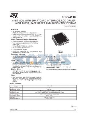 ST72411R1 datasheet - 8-BIT MCU WITH SMARTCARD INTERFACE, LCD DRIVER, 8-BIT TIMER, SAFE RESET AND SUPPLY MONITORING