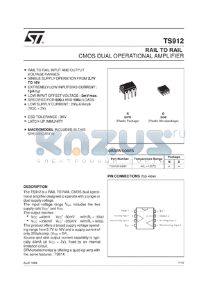 TS912BIN datasheet - INPUT/OUTPUT RAIL TO RAIL DUAL CMOS OP-AMPS