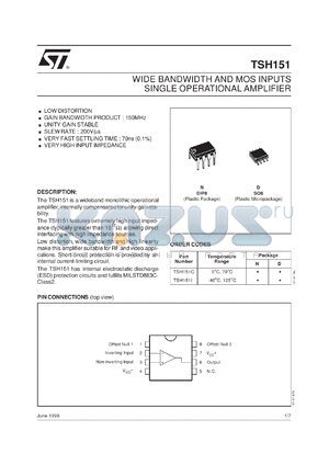 TSH151ID datasheet - WIDE BANDWIDTH AND MOS INPUTS SINGLE OP-AMPS