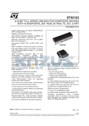 ST92E163N4D1 datasheet - 8/16-BIT FULL SPEED USB MCU FOR COMPOSITE DEVICES WITH 16 ENDPOINTS, 20K ROM, 2K RAM, I 2 C, SCI, & MFT