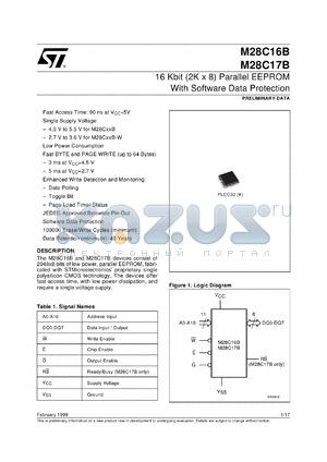 M28C16B-W datasheet - 16 KBIT (2KB X8) PARALLEL EEPROM WITH SOFTWARE DATA PROTECTION
