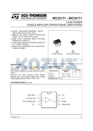 MC33171ID datasheet - LOW POWER SINGLE BIPOLAR OP-AMPS