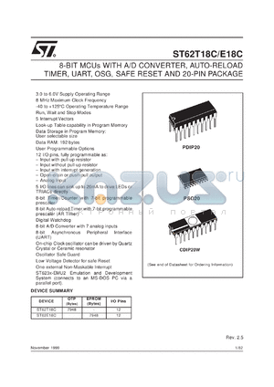 ST62T18CB3 datasheet - 8-BIT MICROCONTROLLER ( MCU ) WITH OTP, ROM, FASTROM, A/D CONVERTER, 8-BIT AUTO-RELOAD TIMER, UART, OSG, SAFE RESET AND 20 PINS