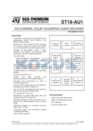 ST18AU1_DS datasheet - SIX CHANNEL DOLBY AC3/MPEG2 AUDIO DECODER