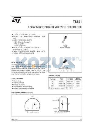 TS821AID datasheet - 1.225V MICROPOWER VOLTAGE REFERENCE