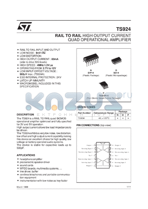 TS924AIP datasheet - RAIL TO RAIL OUTPUT CURRENT QUAD OP-AMPS