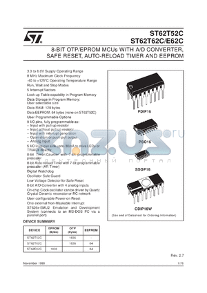 ST62P52CB6 datasheet - 8-BIT MICROCONTROLLER ( MCU ) WITH OTP, ROM, FASTROM, EPROM, A/D CONVERTER, SAFE RESET, AUTO-RELOAD TIMER AND EEPROM