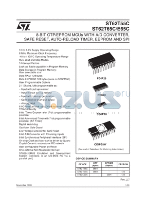 ST62P55CB6 datasheet - 8-BIT MICROCONTROLLER ( MCU ) WITH OTP, ROM, FASTROM, EPROM, A/D CONVERTER, SAFE RESET, AUTO-RELOAD TIMER, EEPROM AND SPI