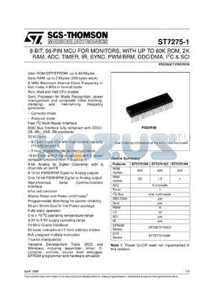 ST72751 datasheet - 8-BIT MICROCONTROLLER (MCU) FOR MONITORS WITH UP TO 60K ROM, 2K RAM, ADC, TIMER, INFRARED, SYNC, PWM/BRM, DDC DMA, I2C & SCI, SDIP56