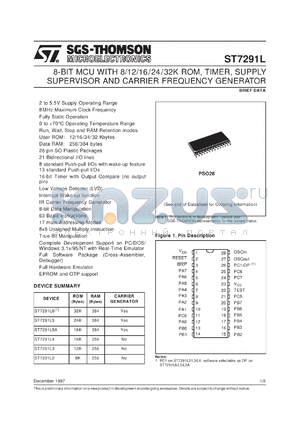 ST72E91L datasheet - 8-BIT MICROCONTROLLER (MCU) WITH UP TO 32K ROM, EPROM, OTP, TIMER, SUPPLY SUPERVISOR AND CARRIER FREQUENCY GENERATOR, SO28