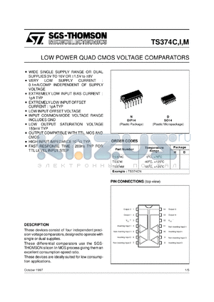 TS374CD datasheet - LOW POWER QUAD CMOS VOLTAGE COMPARATOR