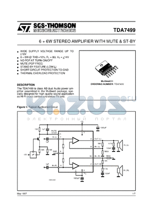 TDA7499 datasheet - 6 + 6W STEREO AMPLIFIER WITH MUTE & ST-BY