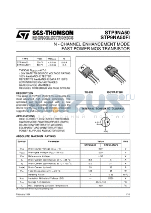 STP9NA50 datasheet - N-CHANNEL ENHANCEMENT MODE FAST POWER MOS TRANSISTORS