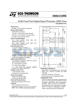 D950CORE datasheet - 16-BIT FIXED POINT DIGITAL SIGNAL PROCESSOR CORE