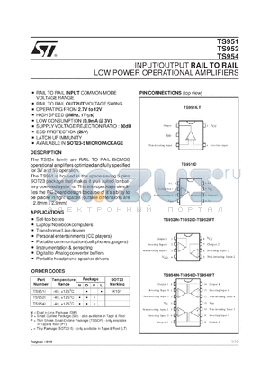 TS952AIN datasheet - INPUT/OUTPUT RAIL TO RAIL LOW POWER OP-AMPS