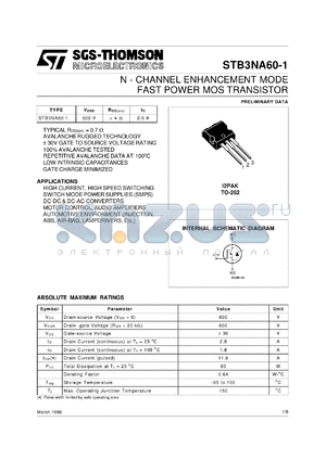 STB3N60-1 datasheet - N-CHANNEL ENHANCEMENT MODE POWER MOS TRANSISTOR