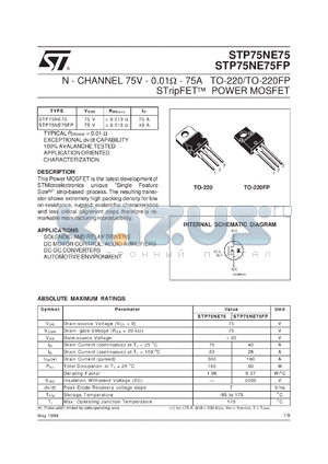 STP75NE75 datasheet - N-CHANNEL 75V - 0.01 OHM - 75A TO-220/TO-220FP STRIPFET POWER MOSFET