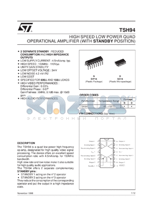 TSH94IN datasheet - HIGH SPEED LOW POWER QUAD OPERATIONAL AMPLIFIER