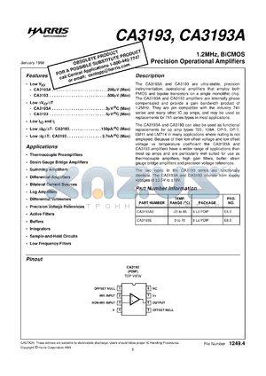 CA3193A datasheet - 1.2MHz, BiCMOS Precision Operational Amplifiers